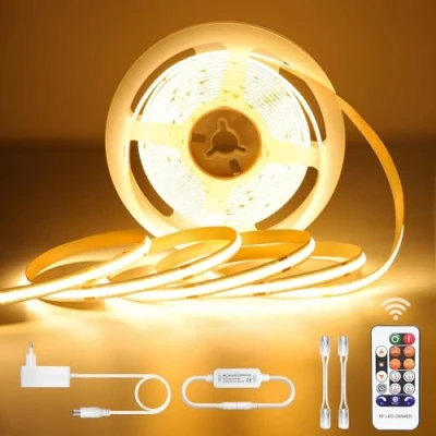 Immagine di Striscia LED COB Bianco caldo 5 metri, Strisce Dimmerabile 24V 3000K, Strip auto adesive impermeabile IP44, Barra luminosa M con telecomando e alimentatore, Adatto per il cucina, scale
