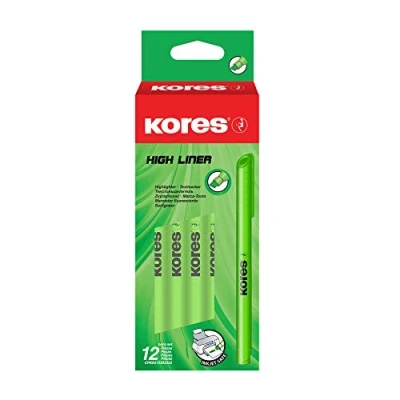 Immagine di Kores High Liner Fine: Evidenziatori a Penna Verde Fluorescente, Punta Fina Scalpello con Inchiostro Base d&#039;Acqua, Ideali per la Scuola e l&#039;Ufficio, Set da 12 Pezzi