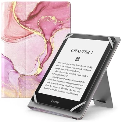 Immagine di MoKo Custodia Compatibile con 6 7“ Tablet, Schermo da, Magnete Riattivazione e Standby, Supporto Verticale Cinturino per Presa a Mano, Marmorizzato Rosa Chiaro