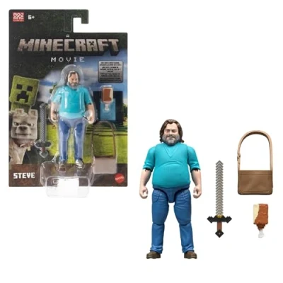 Immagine di Mattel Minecraft Personaggio Steve, action figure da collezione con acccessori inclusi, alto 10 cm e ispirato al film videogioco, giocattolo per bambini, 6+ anni, JFR57