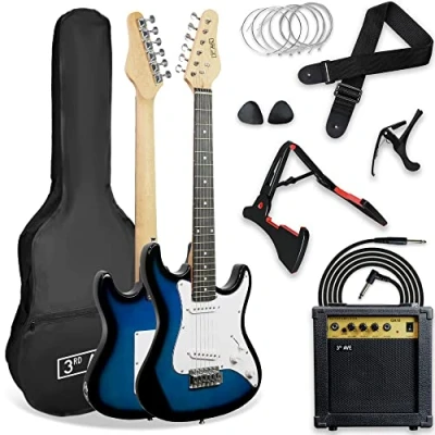Immagine di 3rd Avenue XF 3/4 Kit Definitivo Per Chitarra Elettrica Con Amplificatore Da 10 W, Sintonizzatore Digitale, Cavo, Supporto, Custodia Protettiva, Tracolla, Corde Di Ricambio, Plettri, Capotasto Blu
