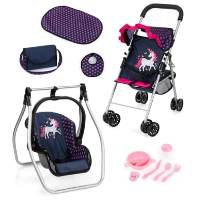 Immagine di Bayer Design 21554AB Passeggino pieghevole per bambole, doppie ruote, borsa, fasciatoio, culla, accessori, bavaglino