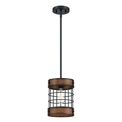 Immagine di Westinghouse Lighting 6117940 Lampada a sospensione da interno una luce in stile vintage Langston, finitura nera opaca con accenti legno rustico, paralume gabbia