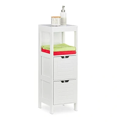 Immagine di Relaxdays Badezimmerschrank Weiß Mobiletto da Bagno, Armadietto a Colonna, 90 x 30 30cm, 2 Cassetti, 1 Scaffale, Terra, Lavanderia, Bianco, Legno ingegnerizzato, pz