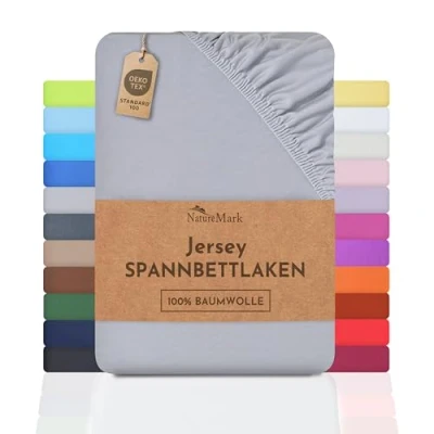 Immagine di NatureMark Lenzuolo con angoli elasticizzati in jersey, 100% cotone, molti colori e misure, conforme all’Oeko Tex Standard 100, 120 x 200 cm, Grigio argento