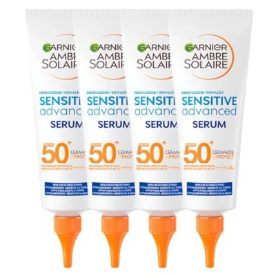 Immagine di Garnier Ambre Solaire Sensitive Advanced Serum Siero Solare Protettivo per Viso e Corpo SPF 50+ Protezione Molto Alta UVA UVB Formula Ipoallergenica Waterproof Ceramide Protect 4 Flaconi da 127ml