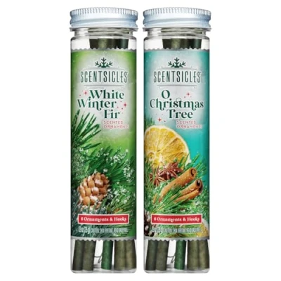 Immagine di Scentsicles Ornamenti natalizi profumati all&#039;abete bianco invernale con ganci, confezione da 2 (2 bottiglie, 12 bastoncini in totale)