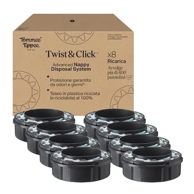 Immagine di Tommee Tippee ricariche originali per Sistema Avanzato di Smaltimento Pannolini Twist and Click, confezione esclusiva da 8, una ricarica facile e conveniente