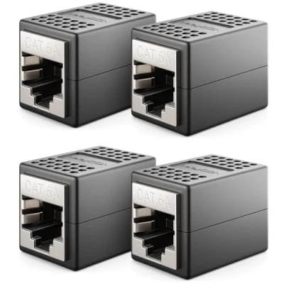 Immagine di deleyCON 4x CAT6a Accoppiatore Cavi di Rete Cavo Patch Ethernet Adattatore Componibile Schermato 2x Presa RJ45 10Gbit/s DSL LAN Nero
