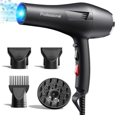Immagine di HappyGoo Phon capelli asciugacapelli professionale ionico, anticrespo, con diffusore e 2 ugelli, 3 temperature, velocità, motore potente per lisci