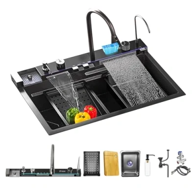 Immagine di Lavello da Cucina A Una Vasca Acciaio Inox Cascata Multifunzione della Postazione di Lavoro con Tutto in uno Rubinetto Estraibile (75 * 46 22CM, Grigio scuro)