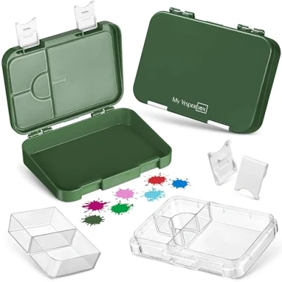 Immagine di My Vesperbox Contenitore porta pranzo per bambini, con 4 + 2 scomparti, estremamente robusto, ideale l&#039;asilo e la scuola (colore verde scuro bianco)