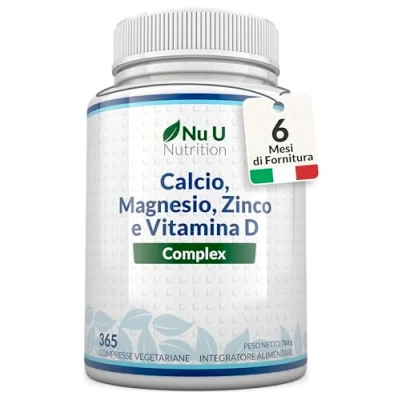 Immagine di Calcio, Magnesio, Zinco e Vitamina D3 ad Alto Dosaggio 365 Compresse Vegetariane Complesso con Selenio, Rame, Manganese Boro 6 Mesi di Durata Prodotto in Europa Nu U Nutrition