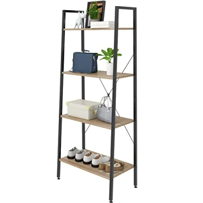 Immagine di eSituro Scaffale Libreria a Scala Porta oggetti in Acciaio Legno 4 Ripiani Design Industriale Scaffalatura Multifunzionale per Cucina Soggiorno Nero+Rovere Chiaro SSTR0020