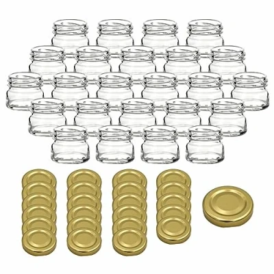 Immagine di gouveo Set di 24 vasetti per conserva 30 ml mini con coperchio a vite oro conservazione tappo TO43 rotondi conserve, marmellata, spezie (EGR030G)