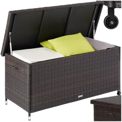 Immagine di TecTake® Box Contenitore da Esterno, Mobile Giardino con Intreccio in Polyrattan, Pratiche Maniglie, Rotelle, Tasca Estraibile, Chiusura a Combinazione, 120x55x61,5cm, 270 L Marrone