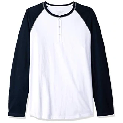 Immagine di Amazon Essentials Camicia a Maniche Lunghe Regular Fit con Scollo Serafino (Disponibile nelle Taglie Big &amp; Tall) Uomo, Blu Marino Bianco, S