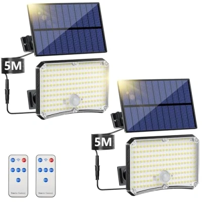 Immagine di Lampada Solare da Esterno [2 Pacchii] Luce LED con Sensore di Movimento 200LED 4 Modes Telecomando Faro Pannello Solare, Luci Giardino Solari 5M Cavo