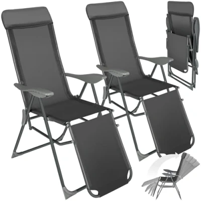 Immagine di TecTake® Set di 2 Sedie Pieghevoli Jana, Telaio in Alluminio, Schienale Regolabile 5 Posizioni e Base Appoggio Mobile, Comodo Poggiatesta Imbottito Removibile Antracite
