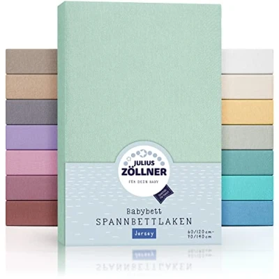 Immagine di Julius Zöllner Lenzuolo con angoli elasticizzati in jersey per lettino, 100% di cotone, certificato Oeko Tex Standard 100, dimensioni: 60 x 120 cm/70 140 cm, confezione da 1 pezzo, salvia