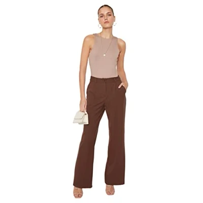 Immagine di Trendyol Donne Basics Pantaloni a Gamba Larga Vita Normale, Marrone Scuro, 64 Donna