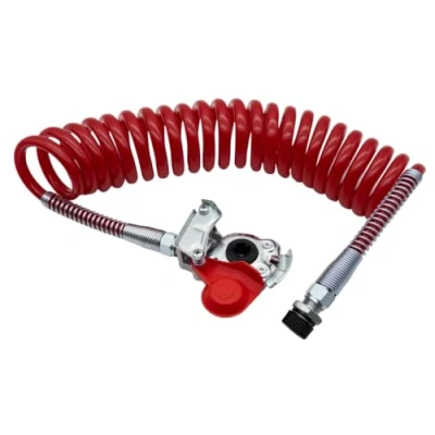 Immagine di SERTPLAS Avvolgitore ad aria compressa/tubo a chiocciola rosso + testa frizione M22 x 1,5, bobina d&#039;aria per alimentazione dell&#039;aria tra camion/NFZ e semirimorchio/rimorchio