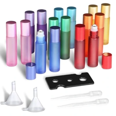 Immagine di POFIBO 16 Pcs 10 ml Bottiglie Flaconcini Vuoti per Oli Essenziali, flaconi roll on in vetro satinato colorato con sfera avvolgibile acciaio inossidabile,per Aromaterapia, Fragranza