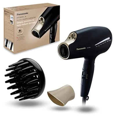 Immagine di Panasonic NA9J N825 Asciugacapelli Pieghevole con Nanoe &amp; Double Mineral Tecnologia, Include un Ugello Duick Dry Styling Incorporato Diffusore, Riduce Danni Doppie Punte, Potenza 1800W