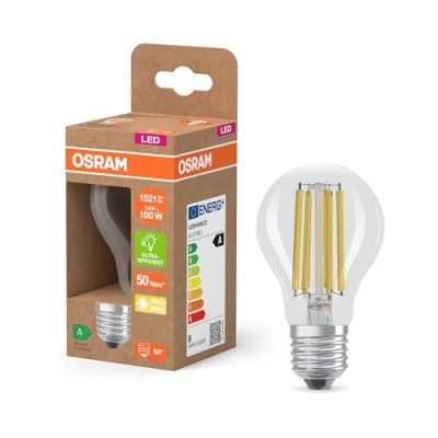 Immagine di OSRAM Lampada LED Superstar Classic A 100 nella forma classica della lampadina, corpo in vetro trasparente, 7,2 W, 1521 lm, attacco E27, 2700 K per luce bianca calda, EEK A, diametro 60 mm.