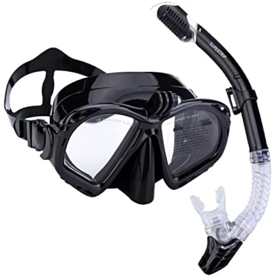 Immagine di Supertrip Set da snorkeling, per adulti, maschera subacquea con snorkel e 2 boccagli, supporto telecamera GoPro, nero