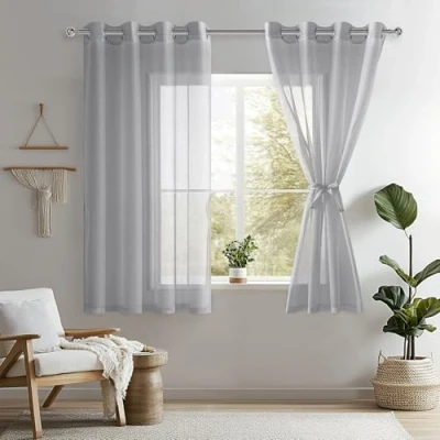 Immagine di DWCN Sheer Set di 2 tende in voile, poliestere, con occhielli, trasparenti, per balcone, grigio, 137 x 140 cm (altezza larghezza)