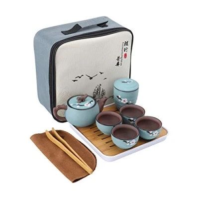 Immagine di fanquare Portatile Servizio da tè Kung Fu con Borsa Viaggio, Set in Zisha Fiori di Ciliegio per Adulti, 1 Teiera, 4 Tazze e Barattolo