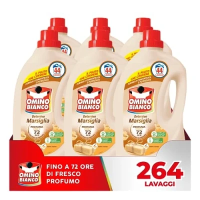 Immagine di Omino Bianco Detersivo Lavatrice Liquido, 264 Lavaggi, Rispetta Colori e Tessuti, Fresco Profumo con Essenza Cuore di Marsiglia, 1760 ml x 6 Confezioni