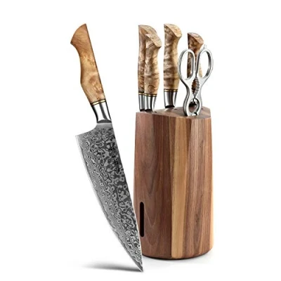 Immagine di HEZHEN Set di Coltelli da Cucina,Acciaio al Carbonio Damasco 7PCS,Coltello Chef Coltello Multiuso Santoku,Portacoltelli in Legno Noce,Forbici inossidabili