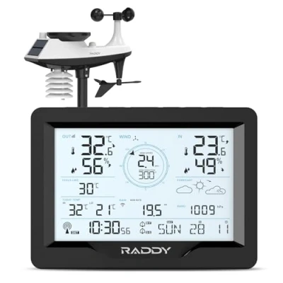 Immagine di Raddy MN6 Lite Stazione Meteo con Sensore Esterno, Termometro Umidità da Esterno per Interni 5 in 1, Misuratore di Pressione dell&#039;Aria, DCF, Previsioni Meteo, Velocità del Vento, Precipitazioni