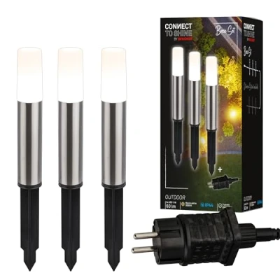 Immagine di Briloner illuminazione da giardino Connect to Shine 12V, set di 3 faretti a LED con picchetto, trasformatore, IP44, luce bianca calda, luci per sentieri, giardino, 36,5x4 cm