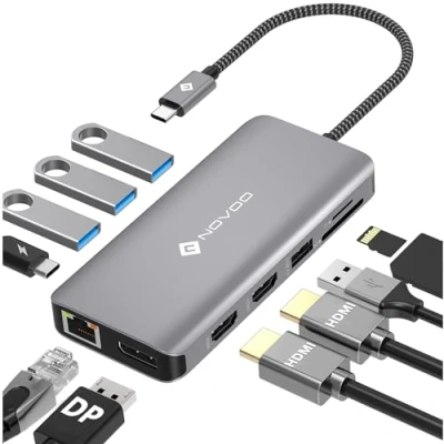 Immagine di NOVOO docking station a Dual HDMI, 11 in 1 Hub USB C Displayport, x 4, Gigabit Ethernet, PD 100W, SD/TF, per MacBook HP Dell XPS Lenovo