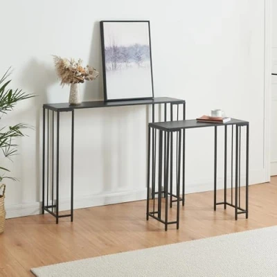 Immagine di [en.casa] Set di 2 Tavoli a Consolle Mobile da Ingresso Corridoio Stretto Salvaspazio con Piano Appoggio Rettangolare in Misure Diverse Nero