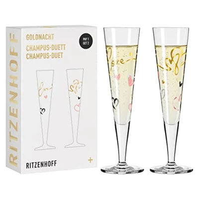 Immagine di RITZENHOFF 6031004 Bicchiere da champagne 200 ml, serie Goldnacht Duett F23, 2 pezzi di design con vero oro, made in Germany