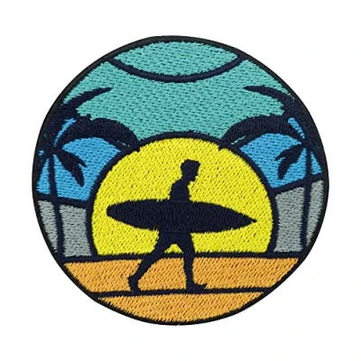 Immagine di Finally Home toppa termoadesiva per surf sulla spiaggia, sul mare, palme, applicazione da applicare con il sole, surfista, estiva