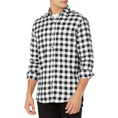 Immagine di Amazon Essentials Camicia in Flanella a Maniche Lunghe (Disponibile Taglie Extra Forti) Uomo, Nero Buffalo Plaid, L