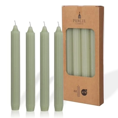 Immagine di COMFORDER Set di 4 candele da tavola in tinta unita + a coste, 20 cm, durata 7 ore, non profumate (verde chiaro)
