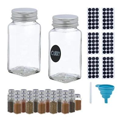 Immagine di Relaxdays Set da 36 Barattoli Portaspezie, Contenitori in Vetro, Vol. 120 ml, Spezie ed Erbe, con Etichette, Trasparente