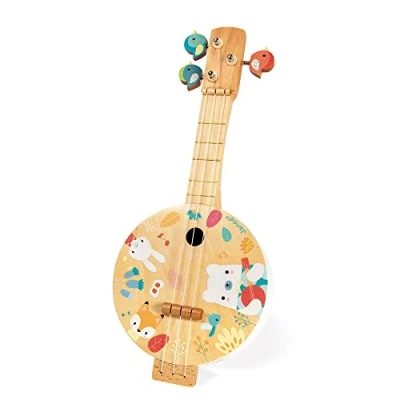 Immagine di Janod Banjo Pure in Legno con Graziose Illustrazioni Stampate, Vernice Ad Acqua Meccaniche a Forma di Uccellino Gioco Imitativo 3 Corde Ricambio per Bambini da 8 Anni, J05160