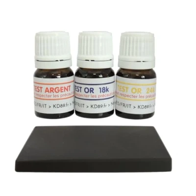 Immagine di KD89 Assortimento di 3 reattivi/soluzioni per testare oro e argento, 18 24 carati, con pietra paragone naturale istruzioni multilingue, competenza gioielli, monete, lingotti, 2,5 ml