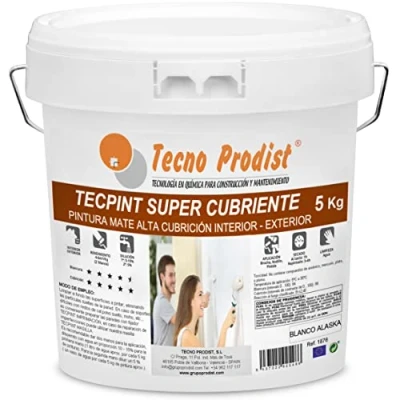 Immagine di TECPINT SUPER CUBRIENTE di Tecno Prodist 5 Kg (BIANCO) Idropittura antimuffa per interni e esterni extra coprente, bianco Alaska Lavabile Inodore, non schizza Facile applicazione