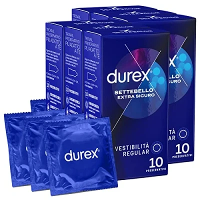 Immagine di Durex Settebello Extra Sicuro Preservativi Uomo in Lattice di Gomma Naturale Trasparenti ed Lubrificati Forma Easy On con Serbatoio Vestibilità Regular Spesso 6 Confezioni da 10 Profilattici