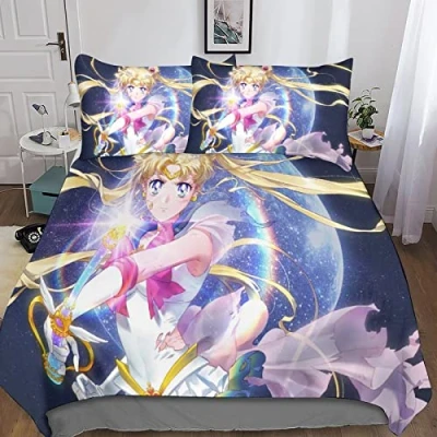 Immagine di Rochile Sailor Moon Set Di Biancheria Da Letto 3D, Copripiumino in Microfibre Ipoallergenico 3 Pezzi Copripiumini Per Coppia Con Chiusura A Cerniera Adulti Double（200x200cm）