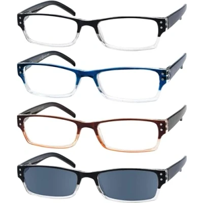 Immagine di Eyekepper 4 Paia Occhiali da Lettura Cerniere a Molla Uomo Donna Montatura Rettangolare Lettori Include una Lenti Grigio per Sole Diottria 1.50