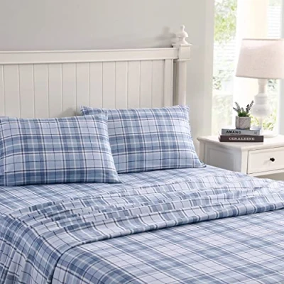 Immagine di Laura Ashley Home Set di lenzuola king size, in flanella cotone spazzolato per una maggiore morbidezza e comfort (Mulholland Plaid blu, size)